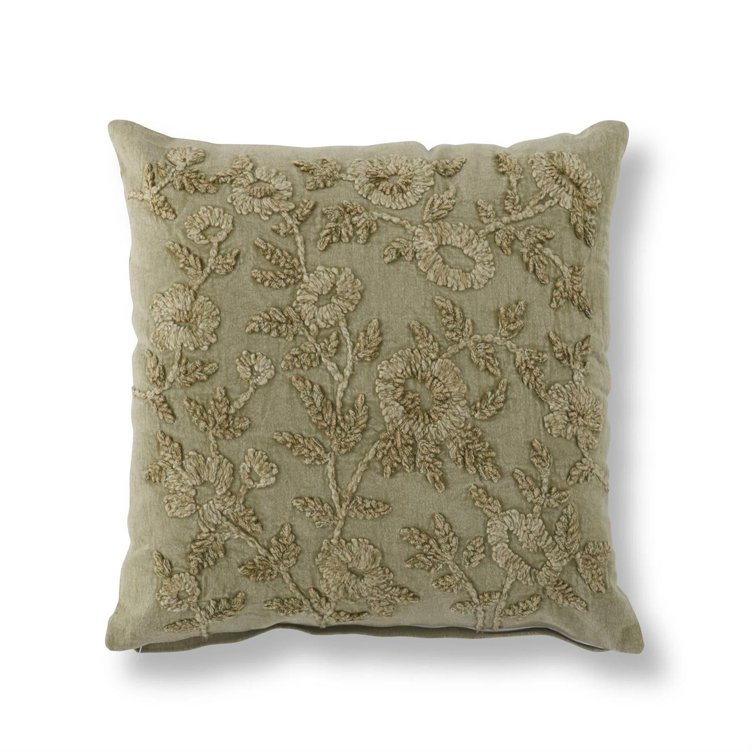 Sage Green Floral Embroidered Pillow - 20x20