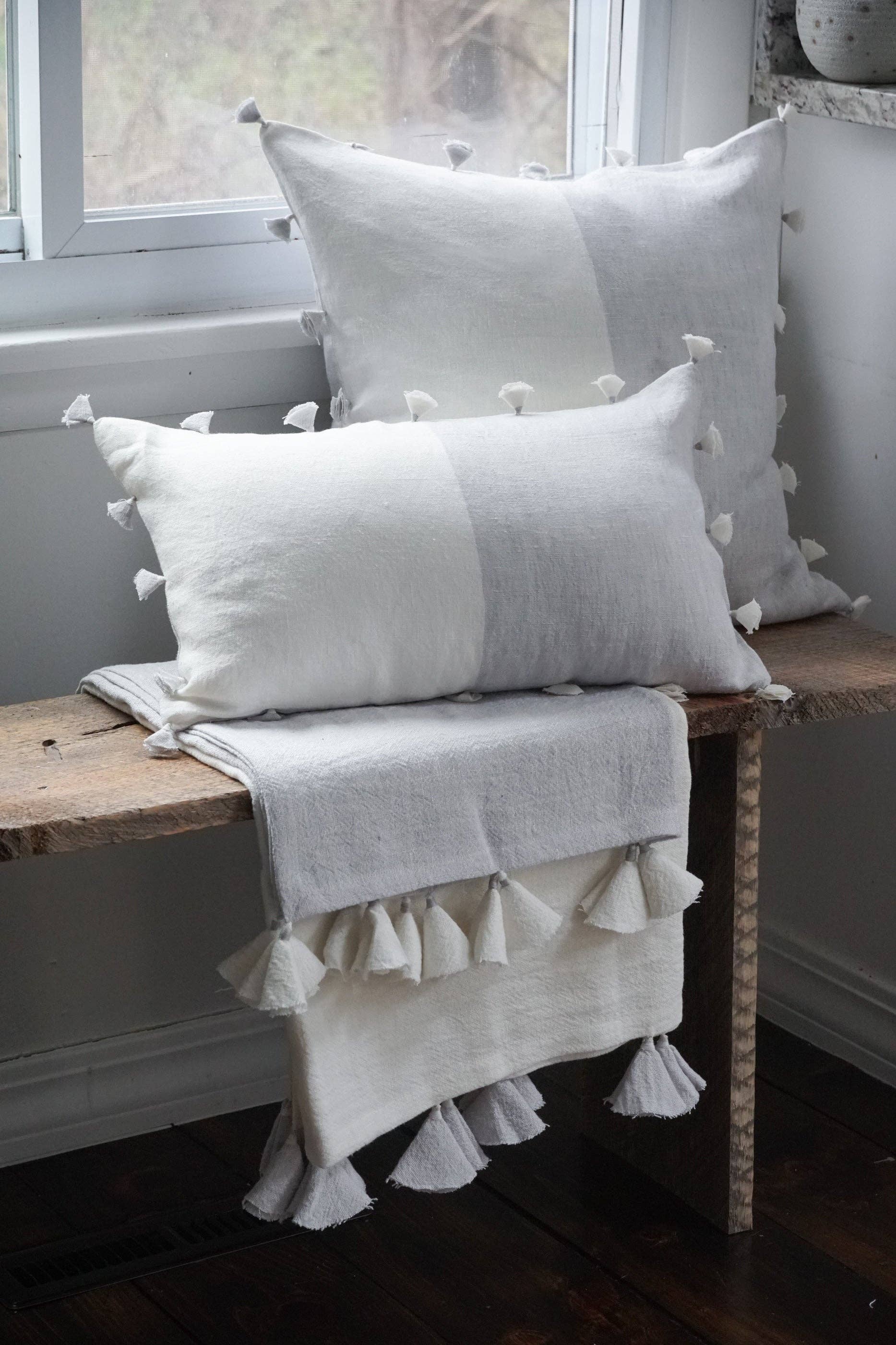 Light Grey Tassels Linen Pillow - 20x20