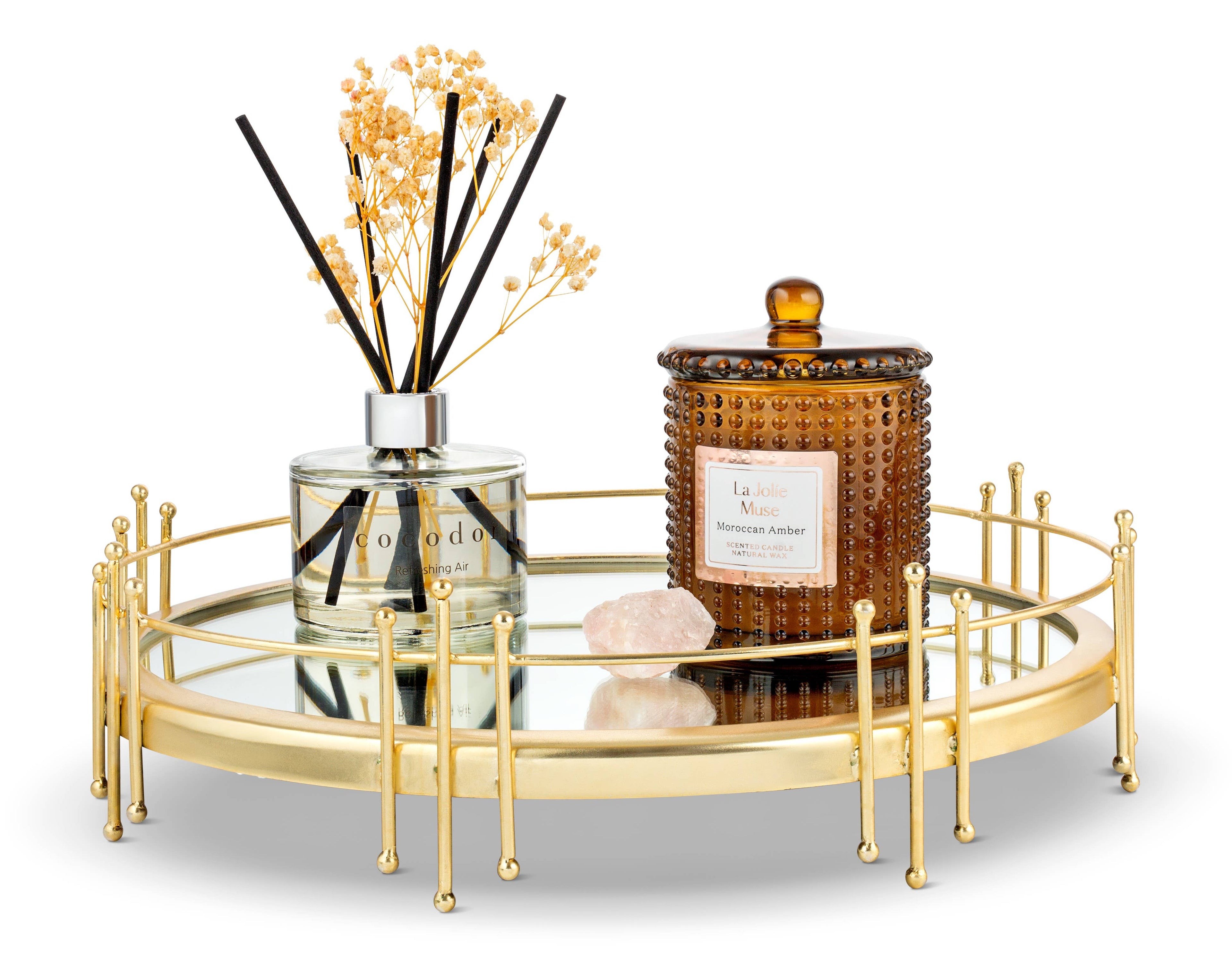 Round Mirror Tray with Gold Design