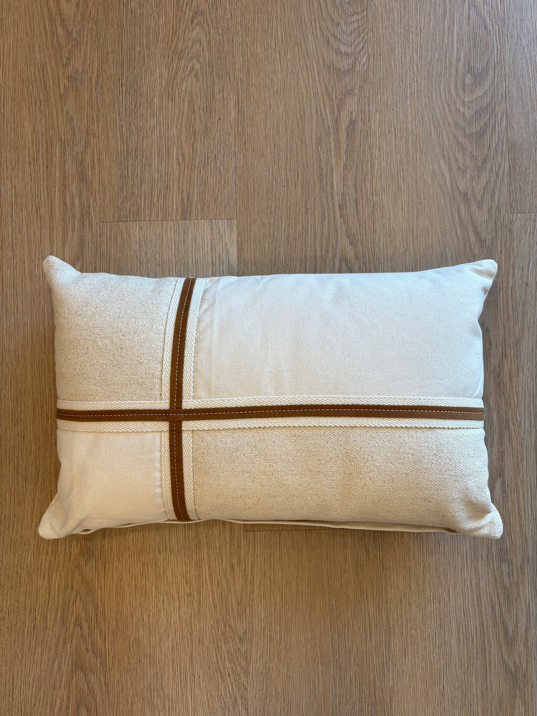Natural Linen &amp; Leather Strip Pillow - 20x12