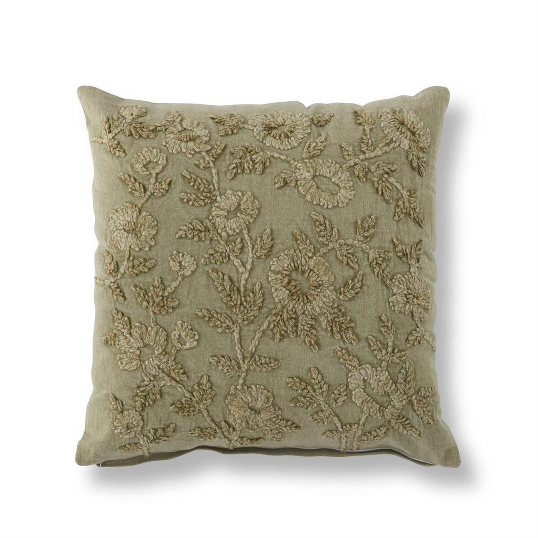 Sage Green Floral Embroidered Pillow - 20x20