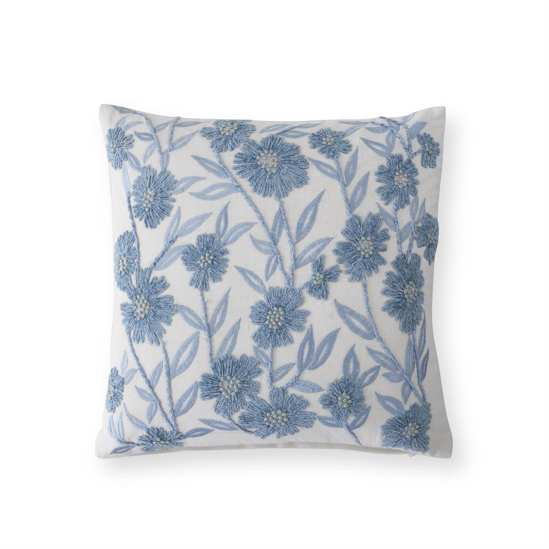 Linen &amp; Blue Embroidered Floral Pillow - 18x18