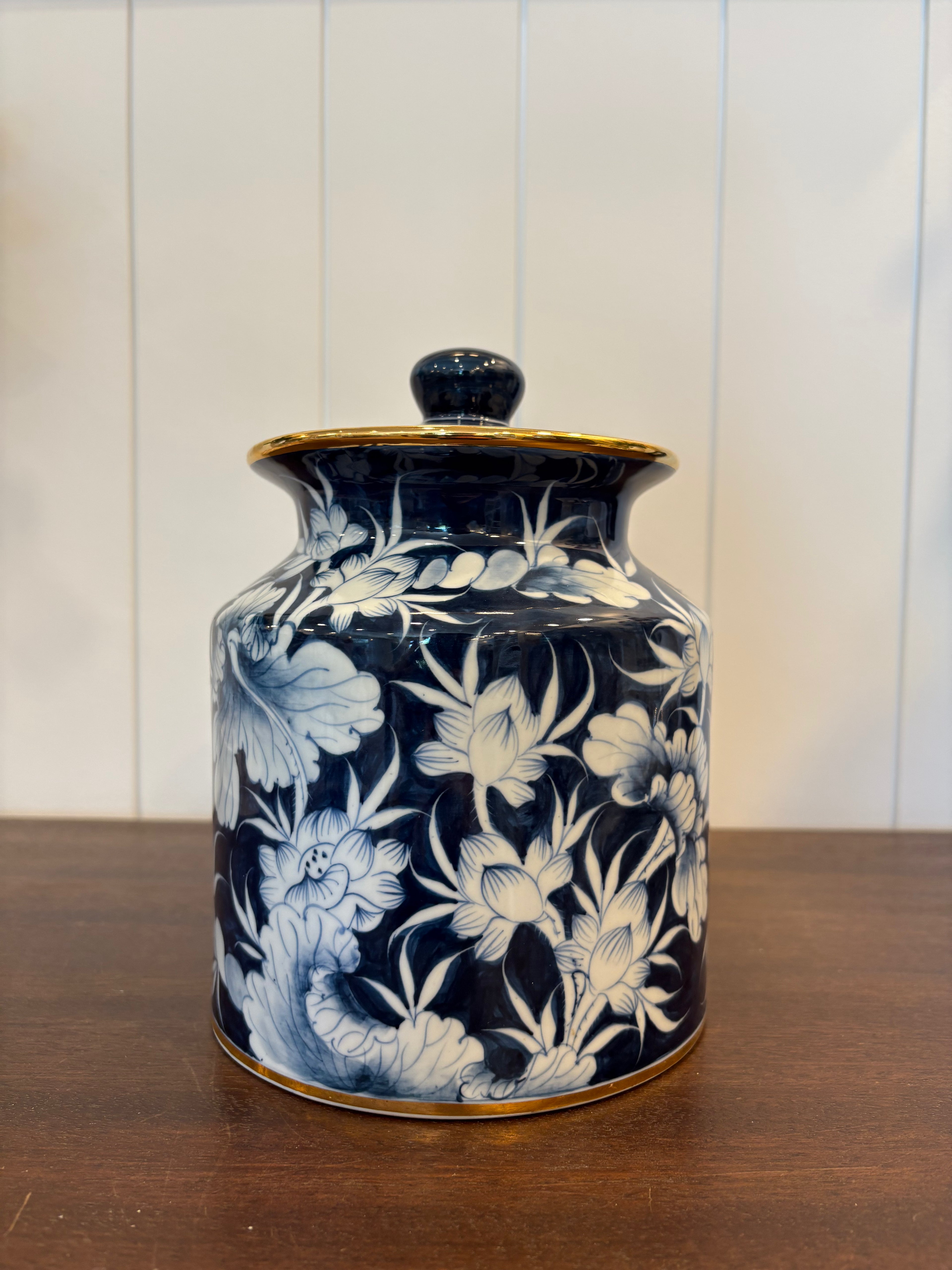 Navy Blue Lidded Floral Jar