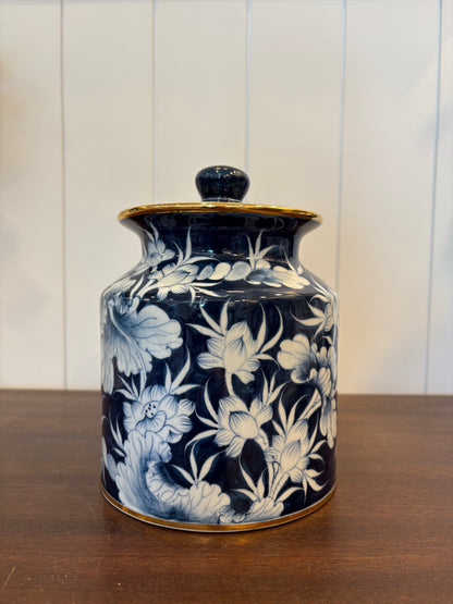 Navy Blue Lidded Floral Jar