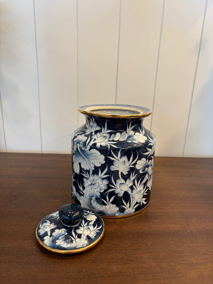 Navy Blue Lidded Floral Jar