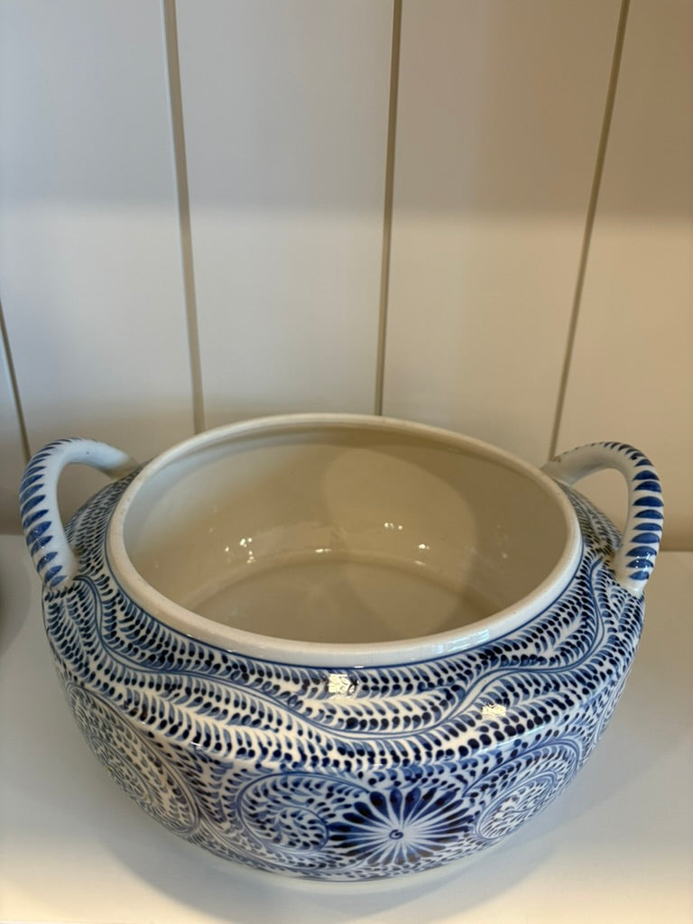 Ceramic Greek Tureen w/ Blue &amp; White Pattern