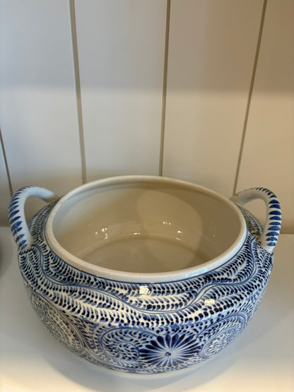 Ceramic Greek Tureen w/ Blue &amp; White Pattern