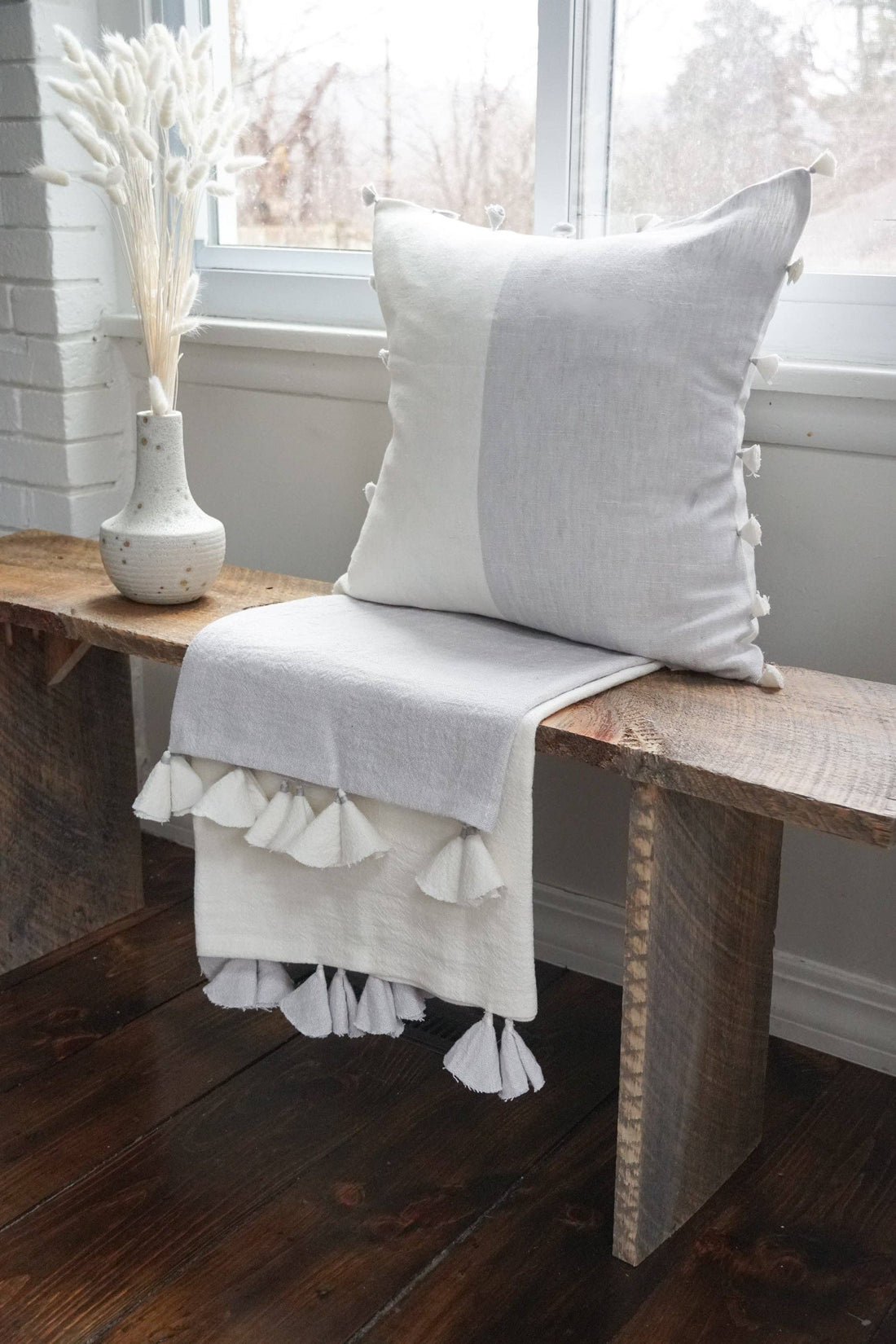 Light Grey Tassels Linen Pillow - 20x20