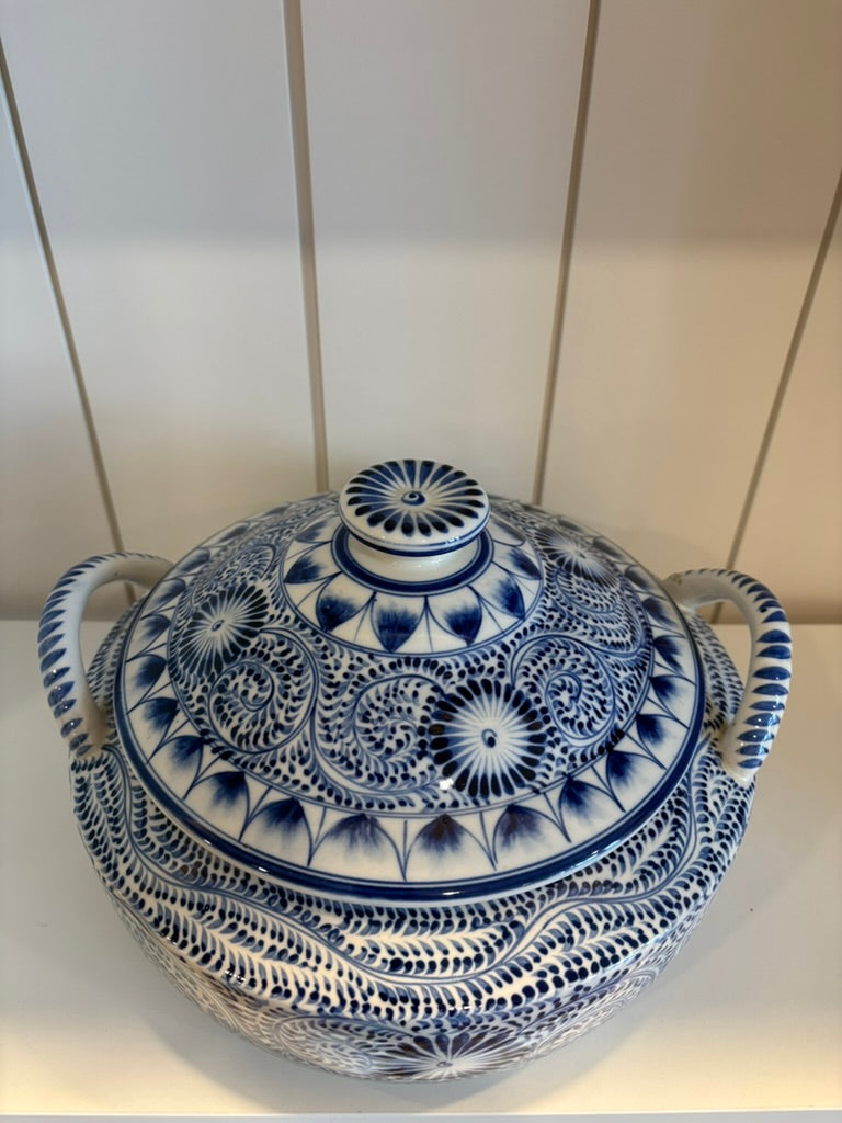 Ceramic Greek Tureen w/ Blue &amp; White Pattern