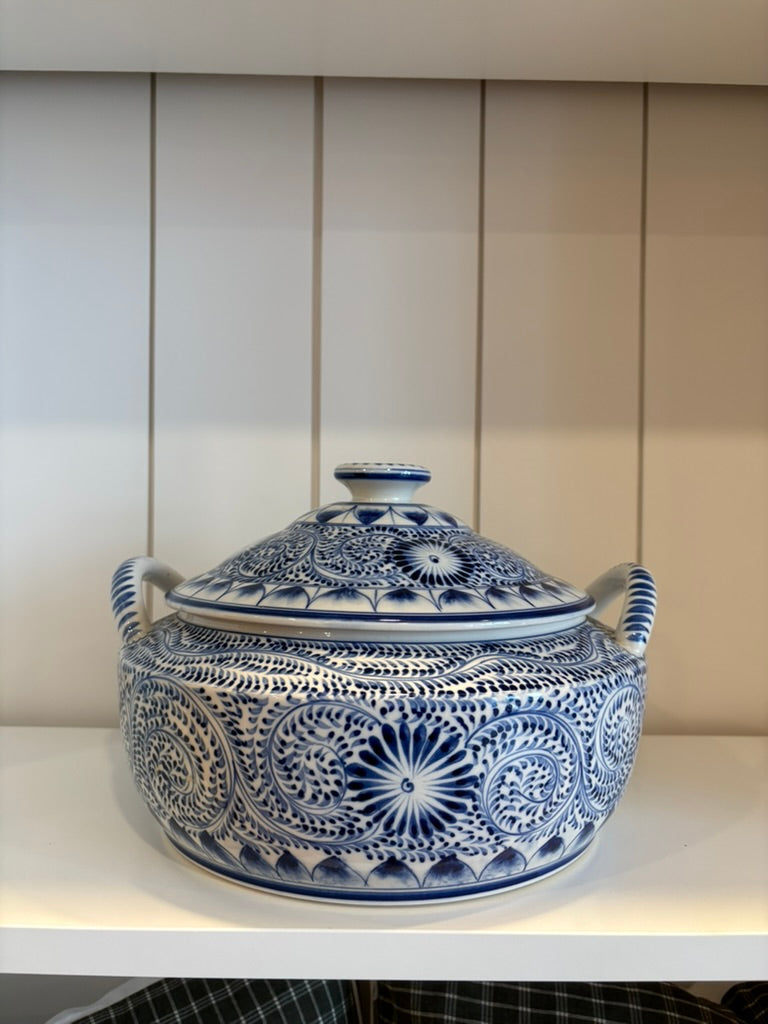 Ceramic Greek Tureen w/ Blue &amp; White Pattern