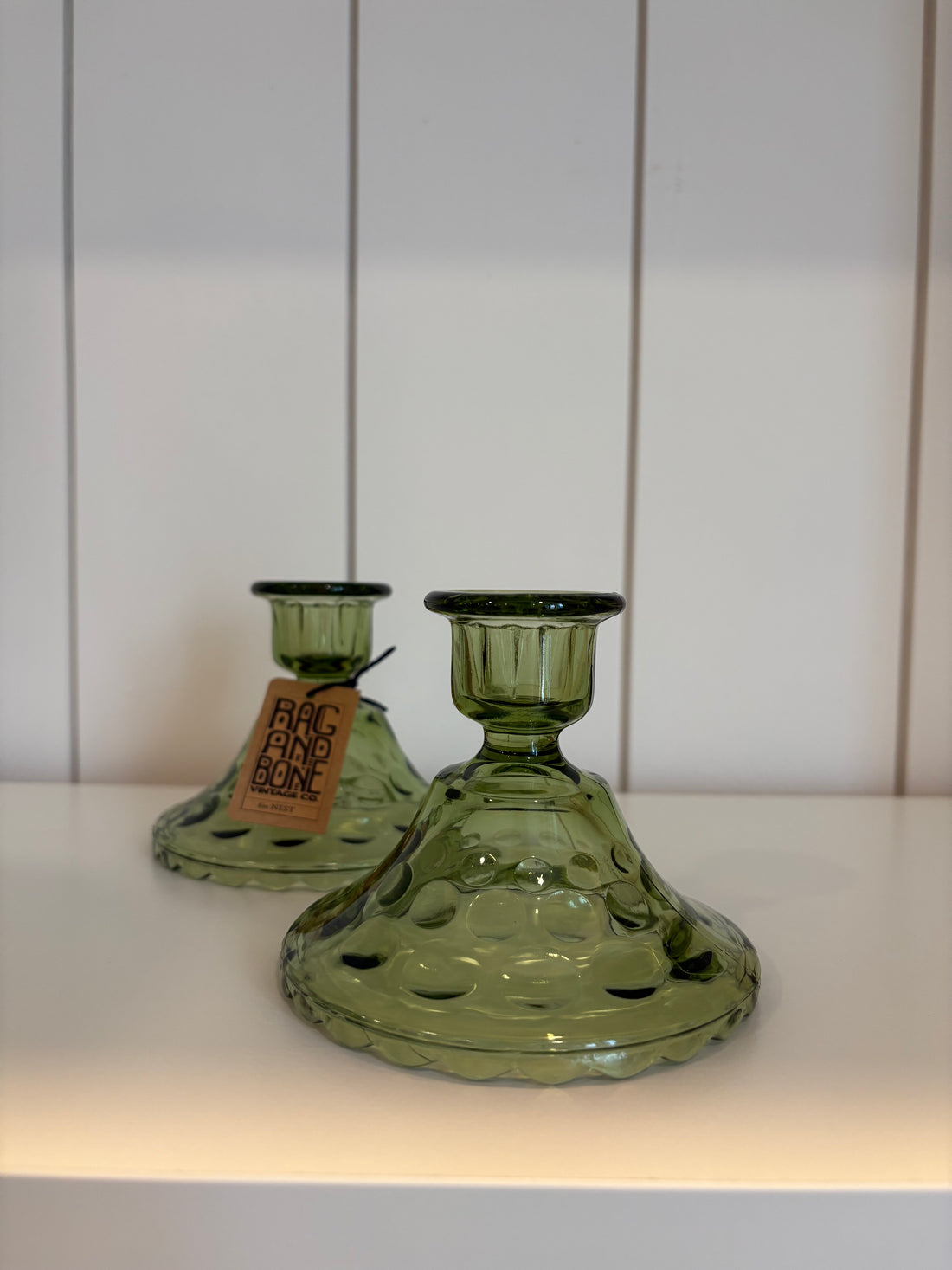 Pair of Vintage Green Depression Glass Candlestick Holders