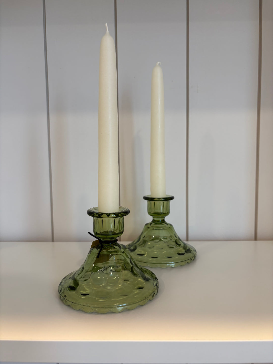 Pair of Vintage Green Depression Glass Candlestick Holders