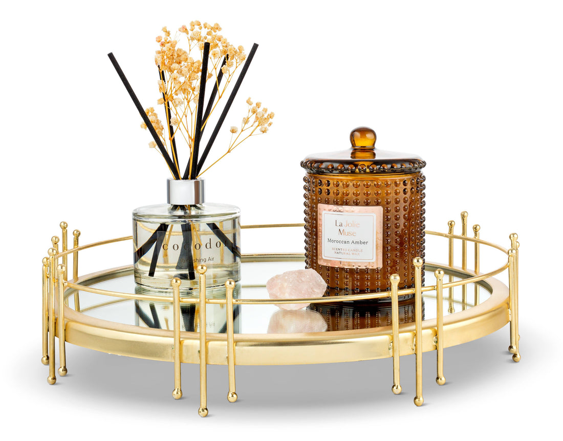 Round Mirror Tray with Gold Design