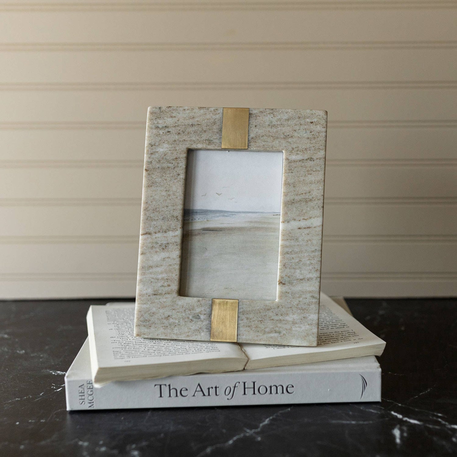 Soren Beige Marble Picture Frame w/ Brass Inlay - 4x6