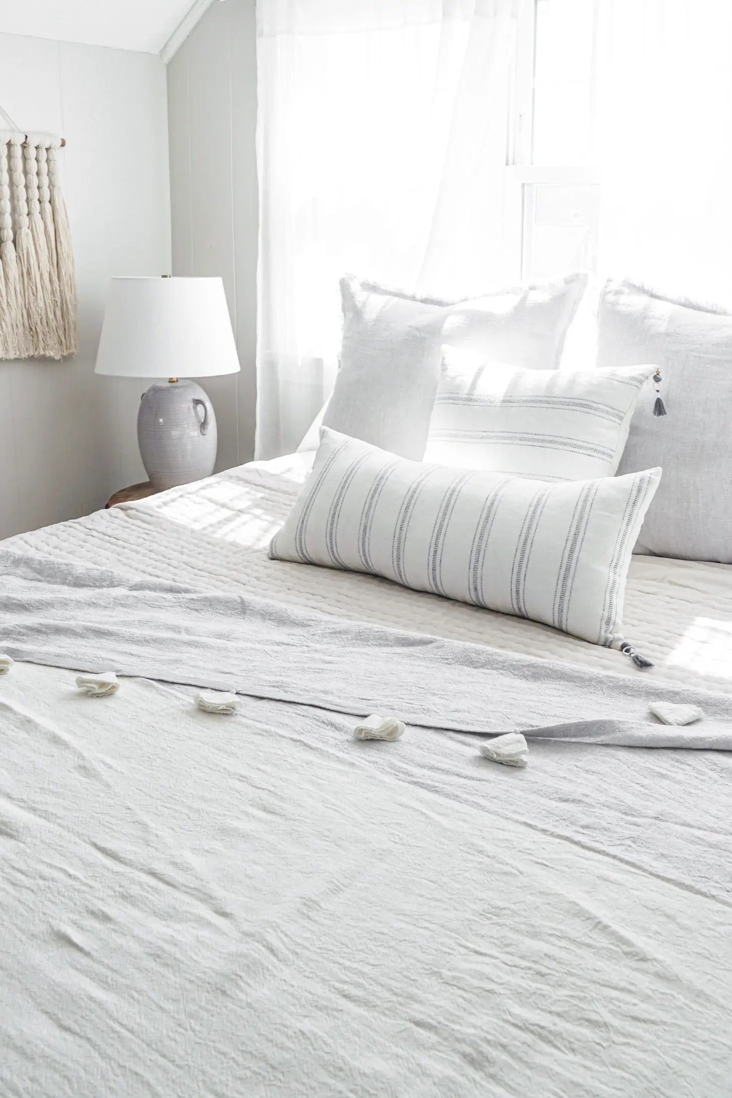 White with Grey Stripes Linen Pillow - 20x20